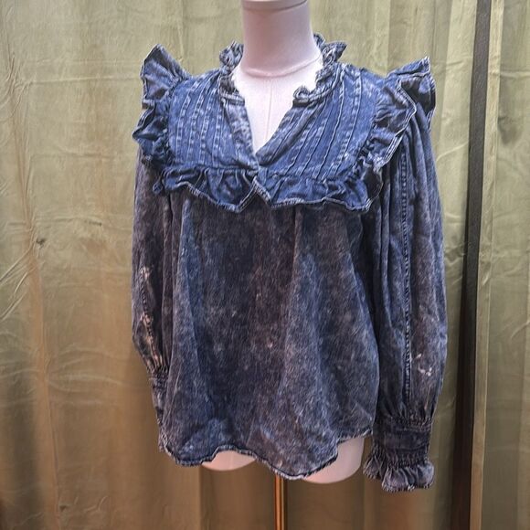 Sea New York Blue acid denim Ruffled Blouse, M - Picture 4 of 12
